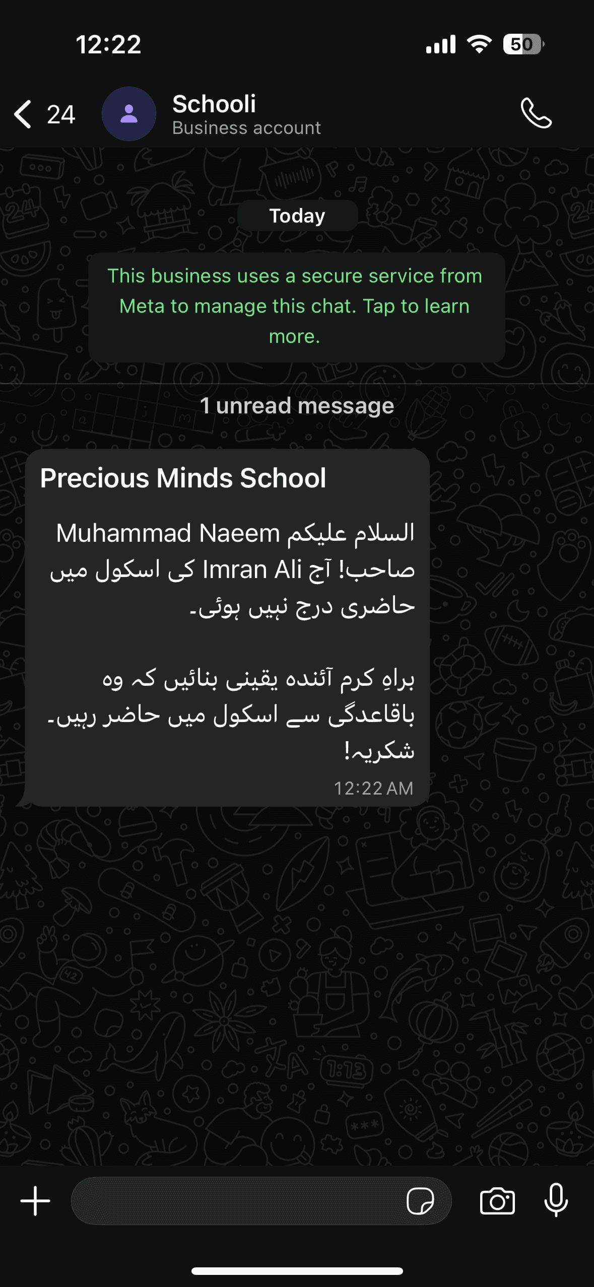 Same-day WhatsApp attendance notice sent to a parent