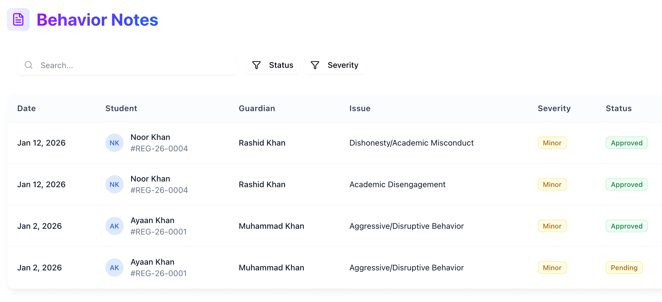 Admin review table for behavior notes with approve and decline controls