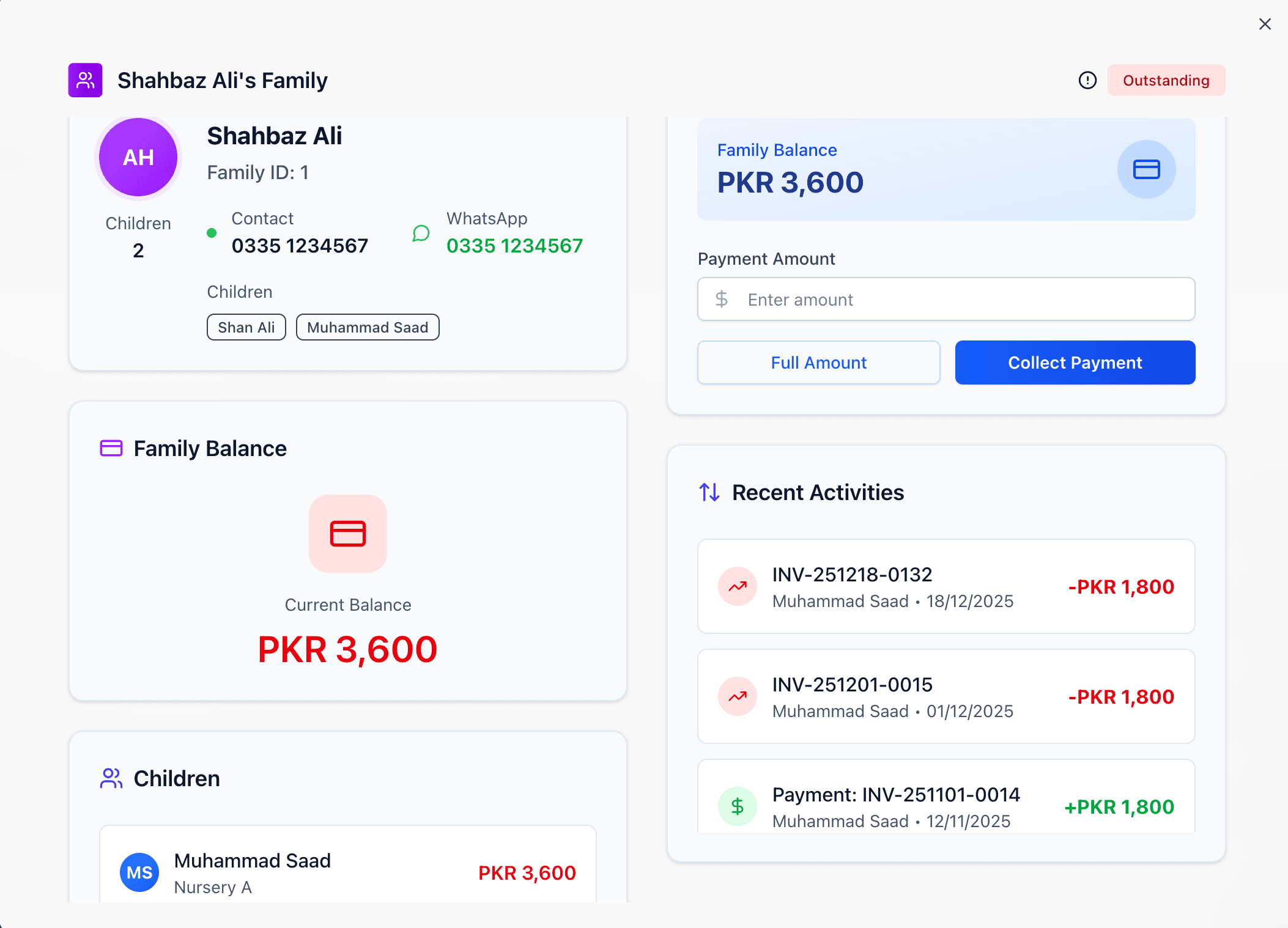 Schooli family accounts dashboard with fee balances and payments